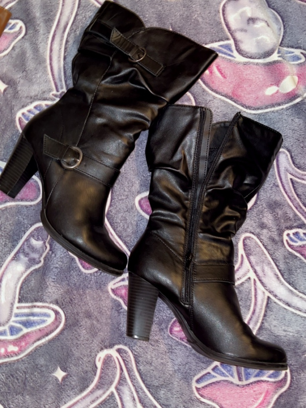 SACHI Black Mid-Calf Heeled Boots with Buckle Detail